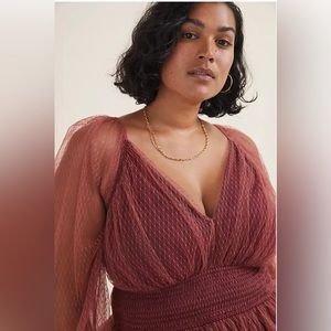 Anthropologie Tulle-Accented Rust Blouse, Balloon Sleeves, Deep V-Neck, Size 1X
